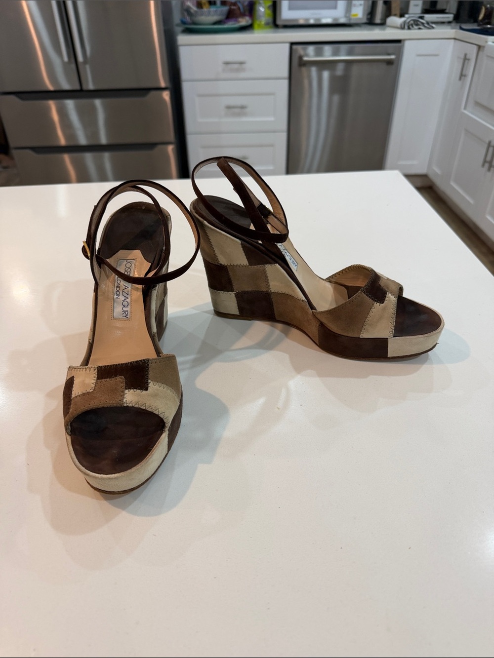 Joseph Abboud Brown and Cream Patchwork Suede Wedge Sandals